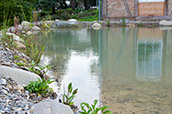 Die Fassade der Scheune spiegelt sich im neuen Teich